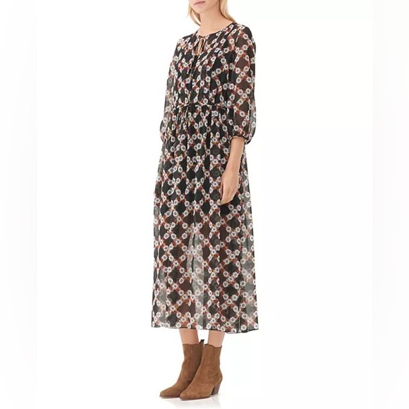 Sandro Rebel Daisy Print Sheer Midi  Dress in Black Size 2 - Picture 1 of 8
